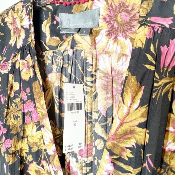 Anthropologie Deep-V Tunic Floral Black Motif Blouse Top Button Corset Peplum S - Picture 7 of 12